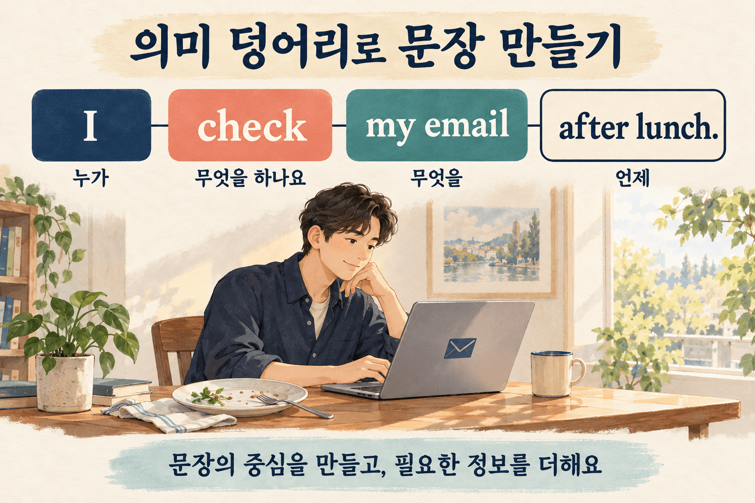 I check my email after lunch 문장을 누가, 무엇을 하는지, 무엇을, 언제라는 의미 덩어리로 나눈 학습 카드와 점심 뒤 이메일을 확인하는 성인.