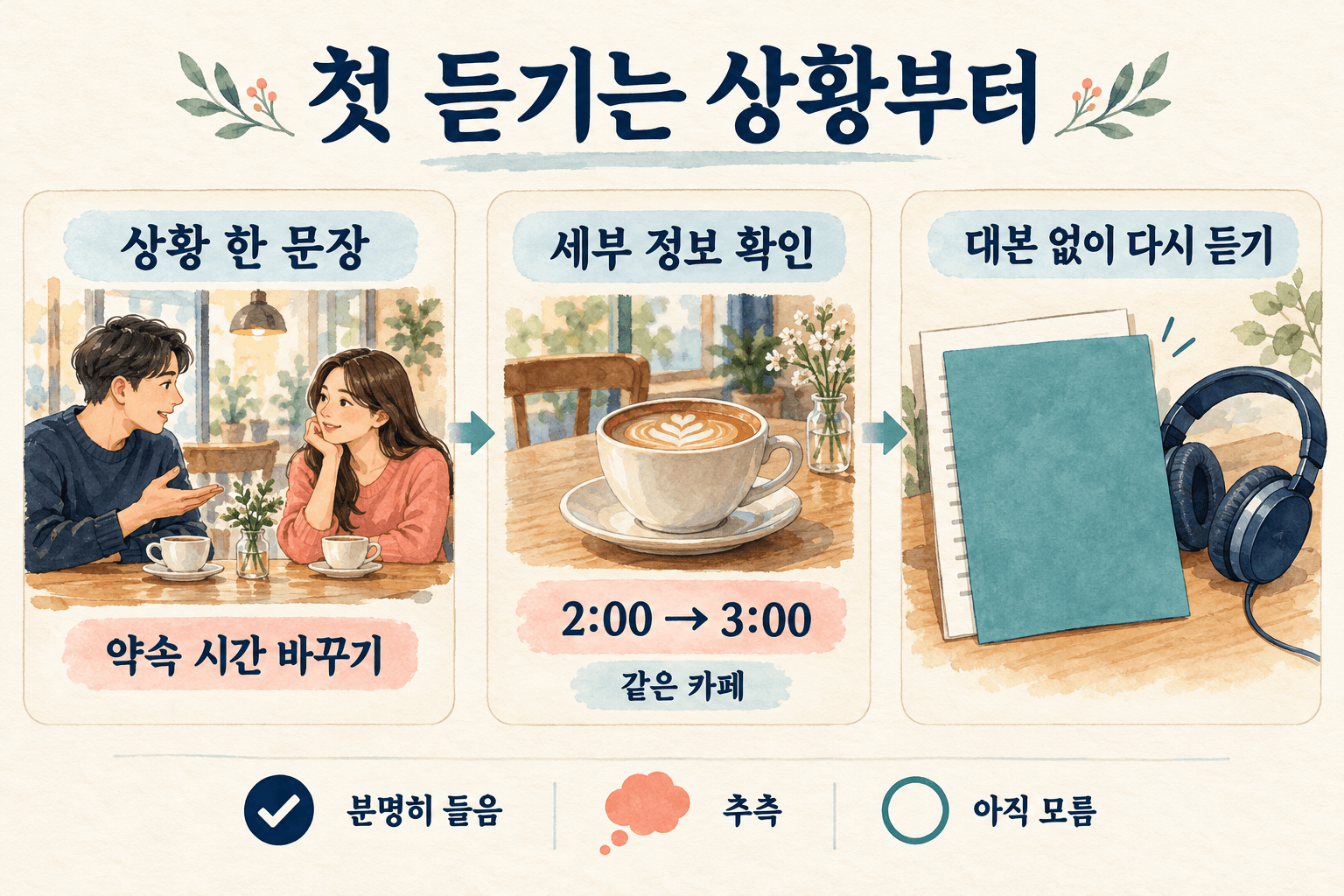 카페 약속 시간을 바꾸는 대화의 상황과 세부 정보를 확인하고 대본 없이 다시 들으며, 분명히 들은 내용과 추측, 아직 모르는 내용을 구별하는 학습 카드.