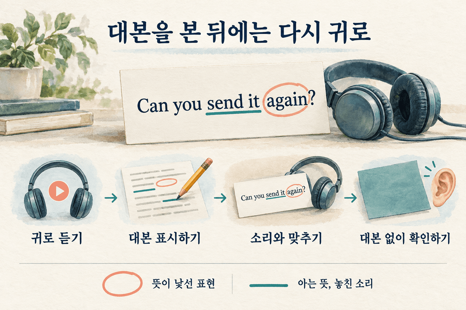 Can you send it again 문장의 뜻이 낯선 표현과 놓친 소리를 표시하고, 소리와 맞춘 뒤 대본 없이 다시 확인하는 듣기 복습 순서.