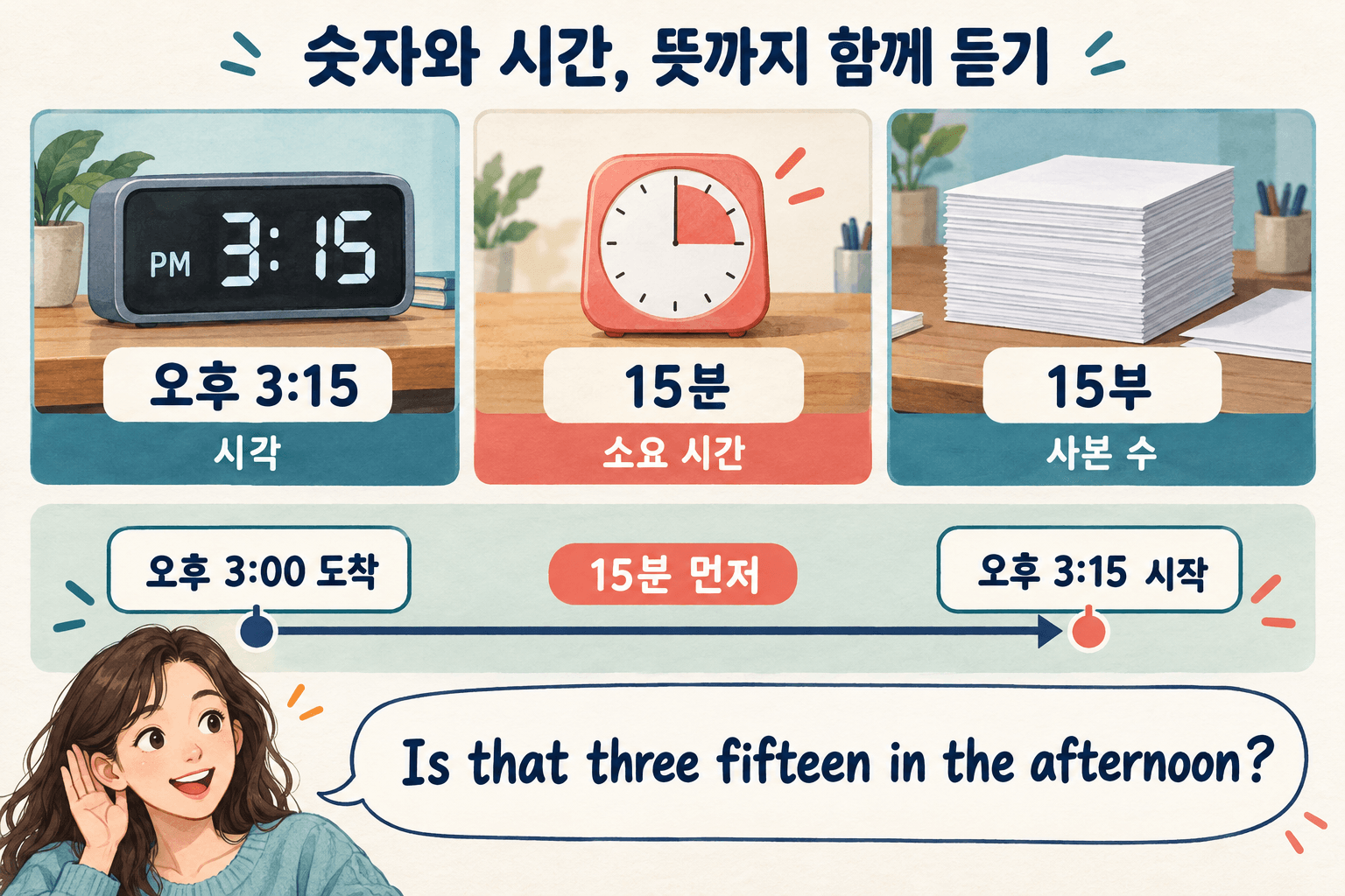 15를 오후 3시 15분, 소요 시간 15분, 사본 15부로 구별하고 오후 3시 15분 시작보다 15분 먼저인 오후 3시 도착을 확인하는 학습 일러스트.