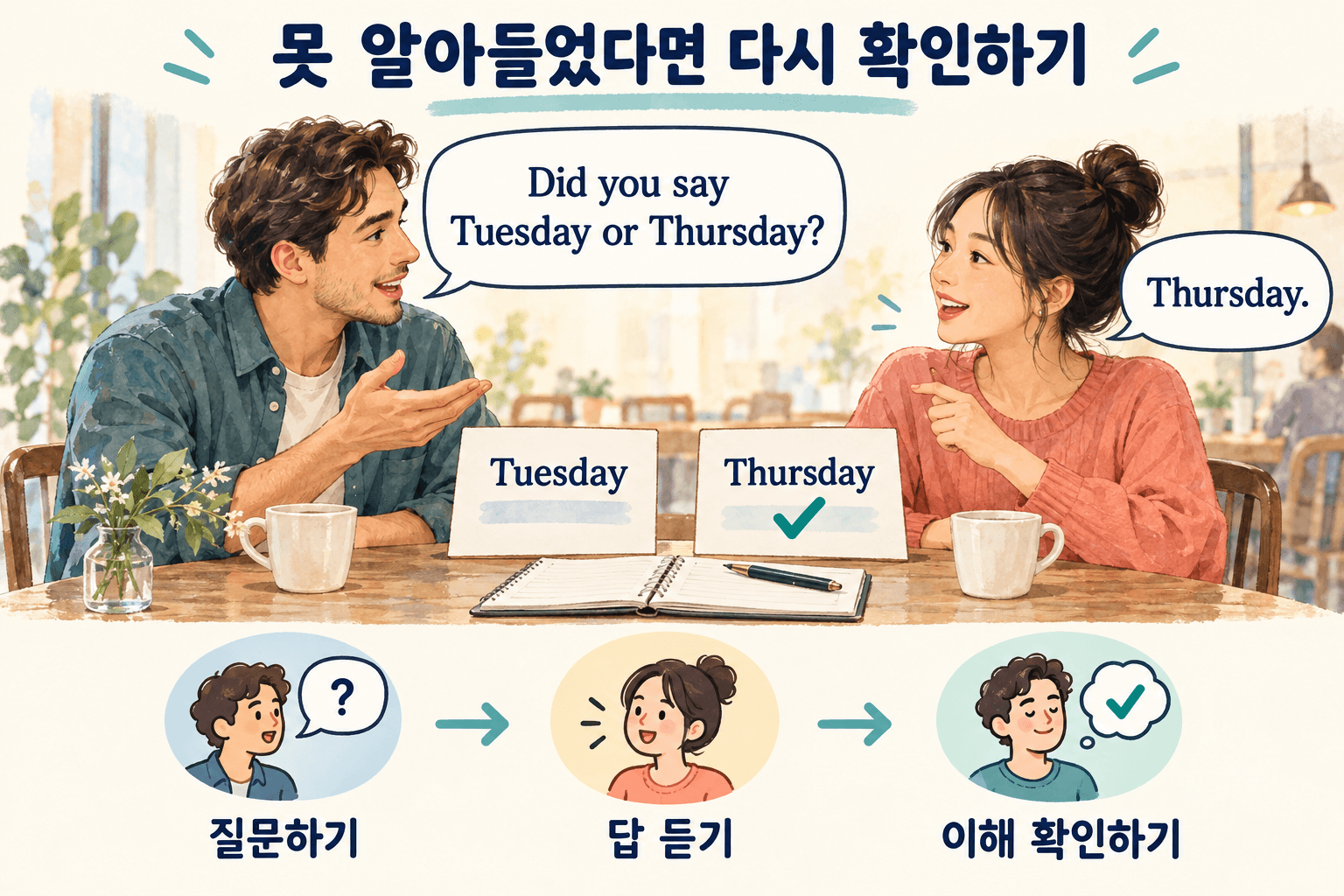 두 성인이 Tuesday인지 Thursday인지 질문하고 Thursday라는 답을 들은 뒤 일정 정보를 함께 확인하는 영어 대화 장면.
