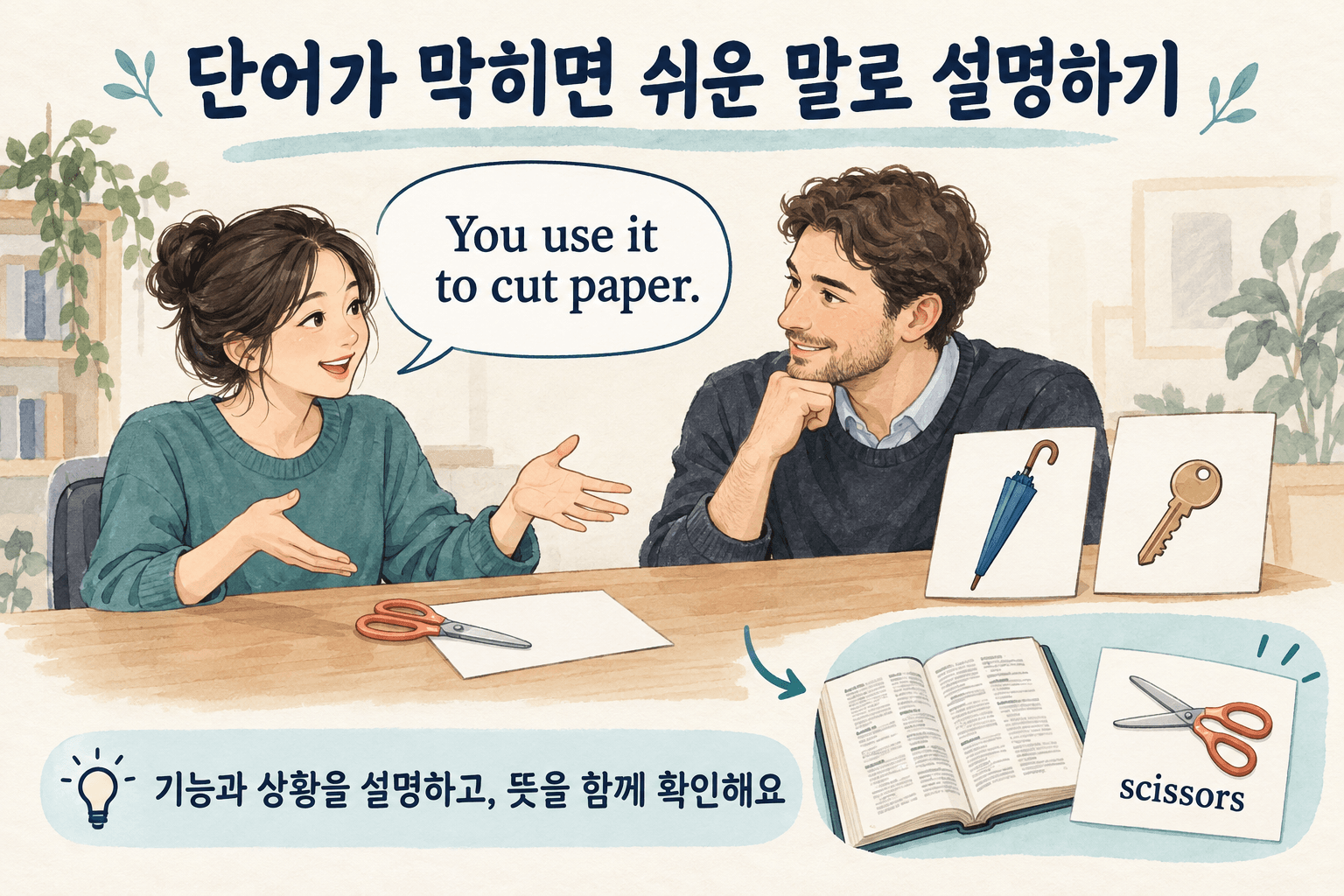 성인 학습자가 가위를 You use it to cut paper라고 기능으로 설명하고, 대화 뒤 사전에서 scissors라는 단어를 확인하는 장면.