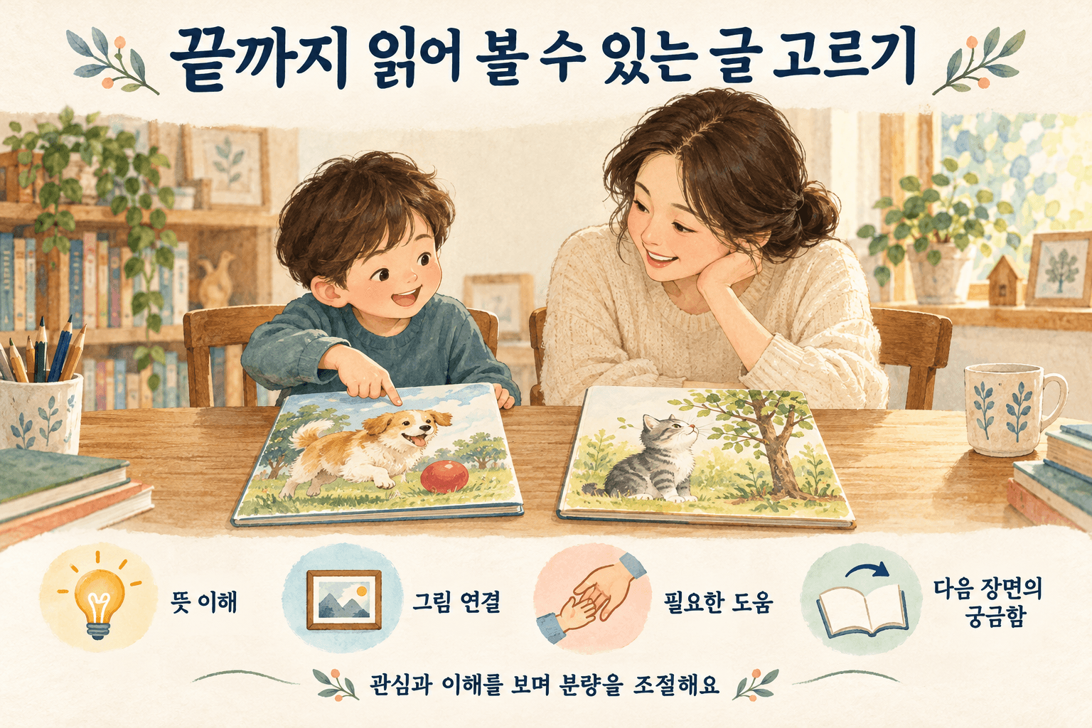 아이와 보호자가 동물 그림책 두 권을 살펴보며 관심과 뜻 이해, 그림 연결, 필요한 도움을 기준으로 읽을 글을 고르는 장면.