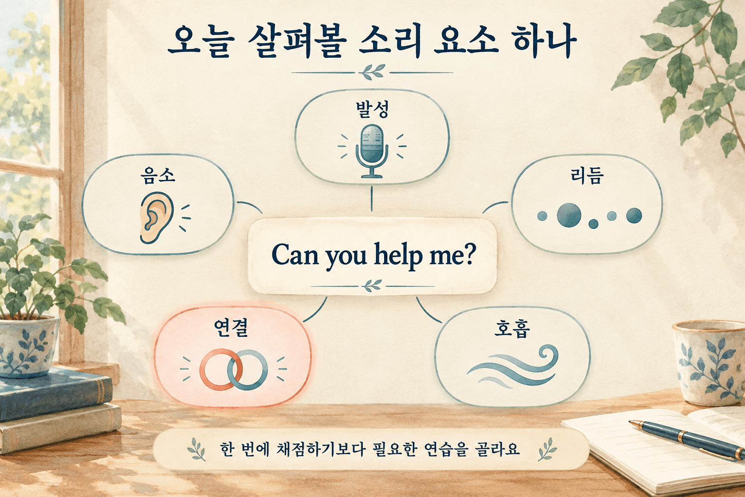 Can you help me 문장을 중심으로 발성·음소·리듬·연결·호흡의 다섯 관찰 창을 두고 오늘 살펴볼 연결 한 요소만 강조한 일러스트.
