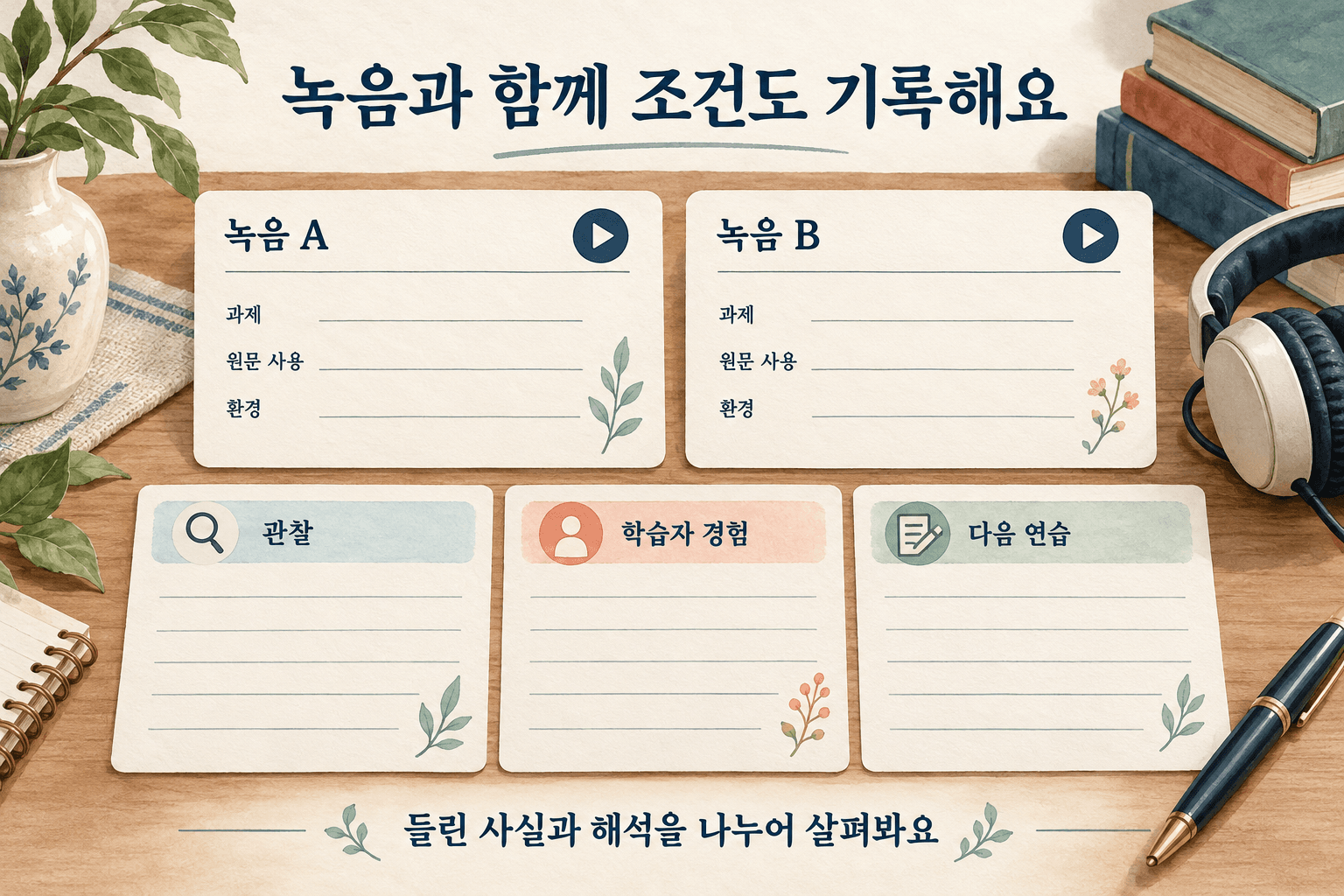두 녹음의 과제·원문 사용·환경을 나란히 기록하고 관찰, 학습자 경험, 다음 연습을 구분하는 빈 기록 카드 일러스트.