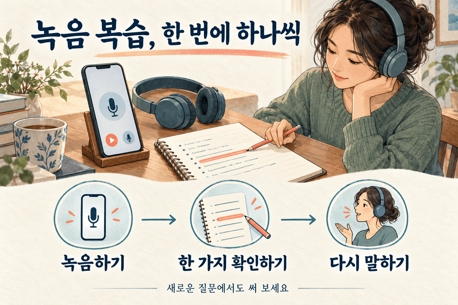 휴대전화 녹음기와 노트, 헤드폰을 이용해 영어 말하기를 녹음하고 한 가지 목표를 확인한 뒤 다시 말하는 학습 과정을 보여 주는 일러스트.