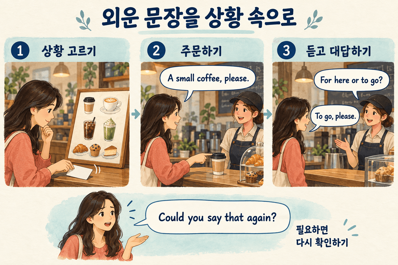 카페 상황을 고르고 커피를 주문한 뒤 For here or to go라는 질문에 To go, please라고 대답하고 필요하면 다시 확인하는 세 장면.